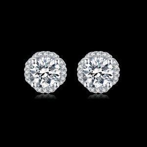 Brilliant Moissanite Diamond Earrings with a Halo of Diamonds.